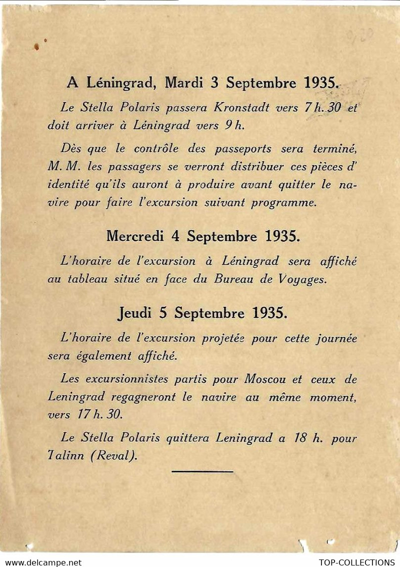 CROISIERE B.N.LINE 1935 Navire « Stella Polaris" Allemagne Russie Baltique Pays Baltes  Norvége Pologne FICHES ESCALES - Pubblicitari