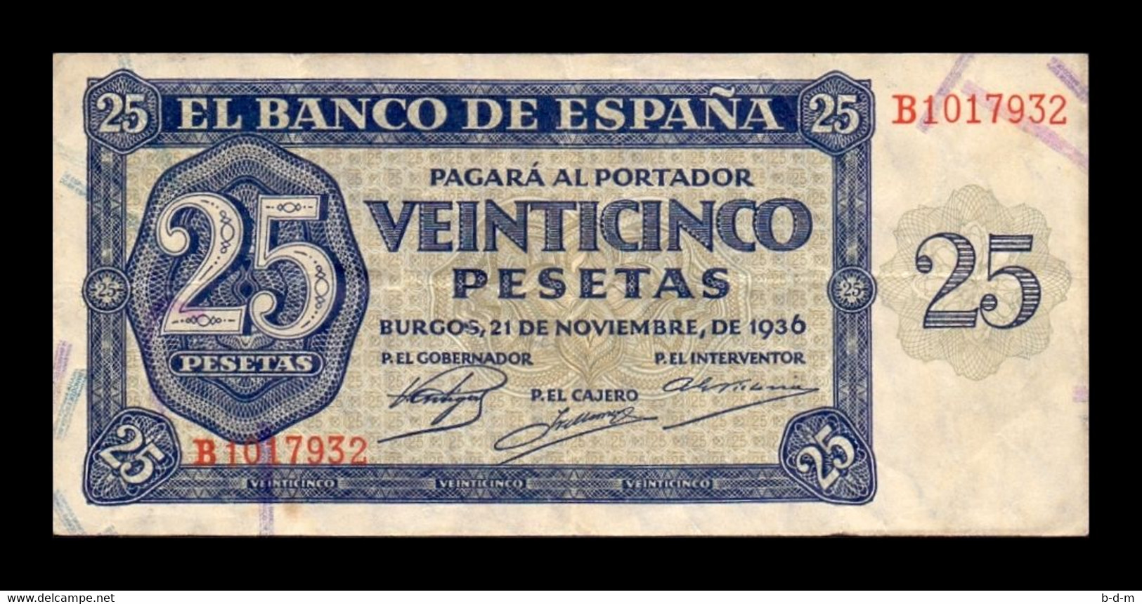 España Spain 25 Pesetas Burgos 1936 Pick 99 Serie B T.932 MBC VF - 25 Peseten