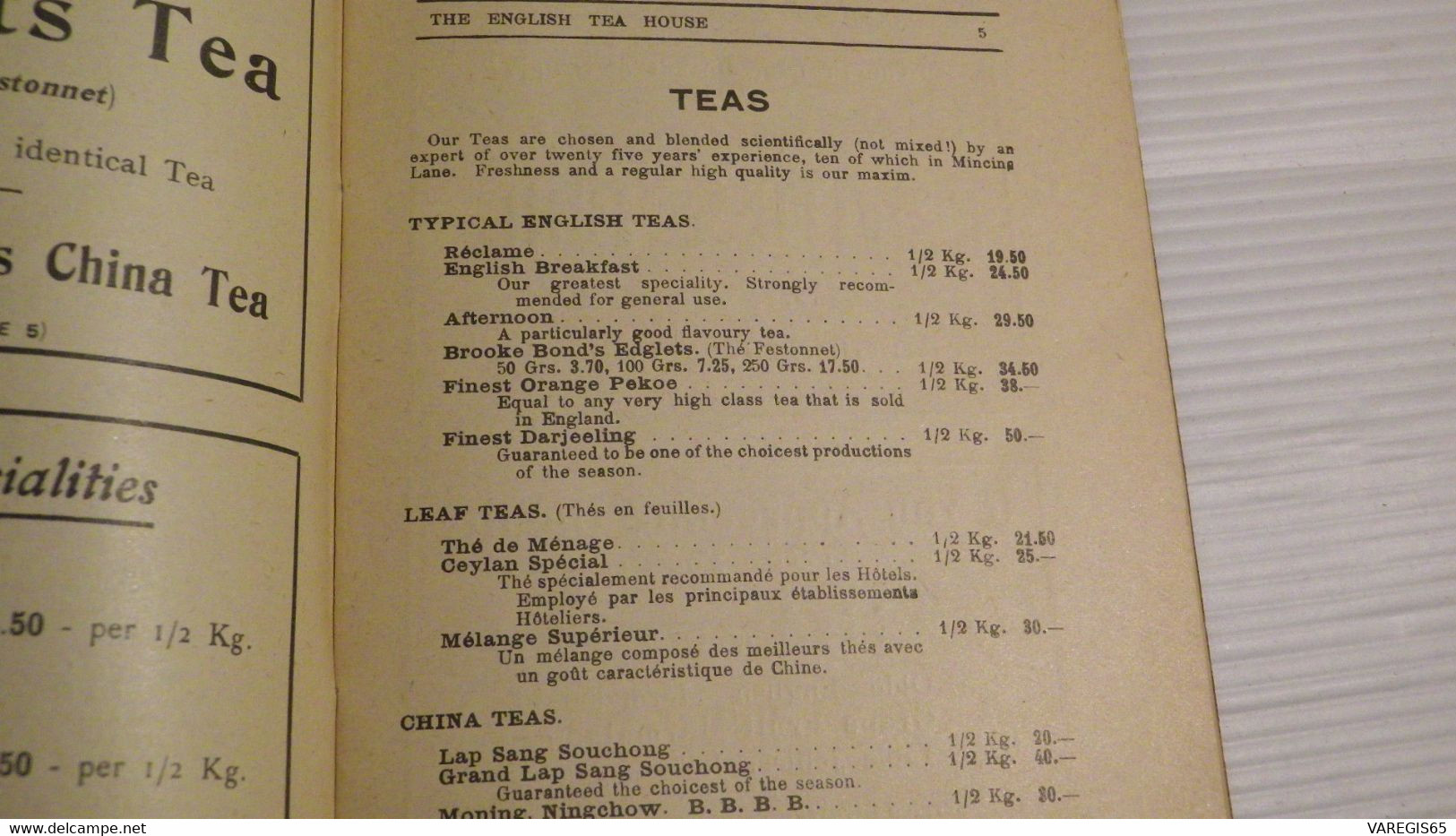 RARE CATALOGUE  PUBLICITAIRE - THE ENGLISH TEA HOUSE - MAISON BETJEMAN & BARTON A PARIS - LISTE DE PRIX 1931 - Britannica