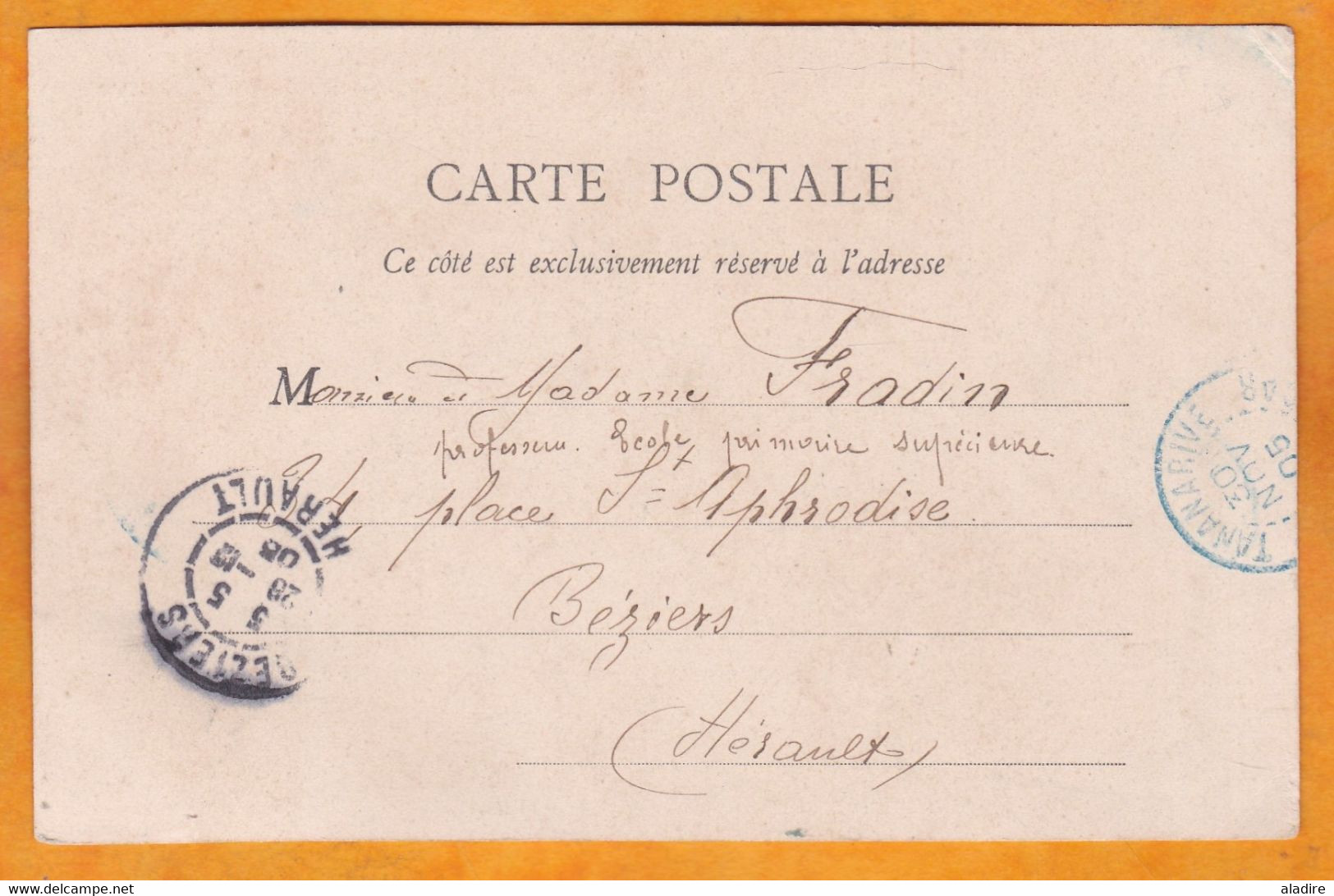 1905 - 10 Centimes Type Palmier Sur CP De Tananarive Vers Béziers - Cad Arrivée - Vue Andohalo - Covers & Documents