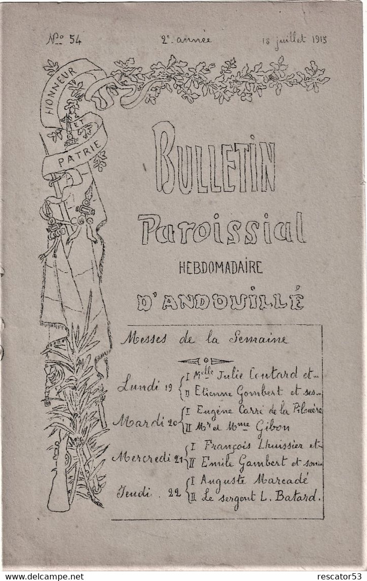 Rare Et Unique Bulletin Paroissial D'Andouillé(53) 18 Juillet 1915 Témoignage De Guerre Pretres Soldats De La Mayenne - 1914-18