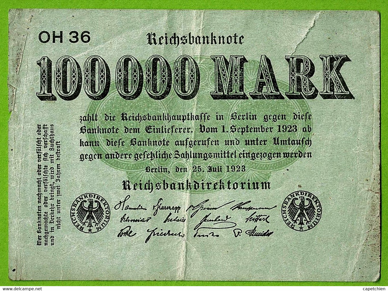 ALLEMAGNE / 100.000 MARK / REICHSBANKNOTE / 25 - 07 - 1923 : OH 36 /  Ros.90 - 100000 Mark