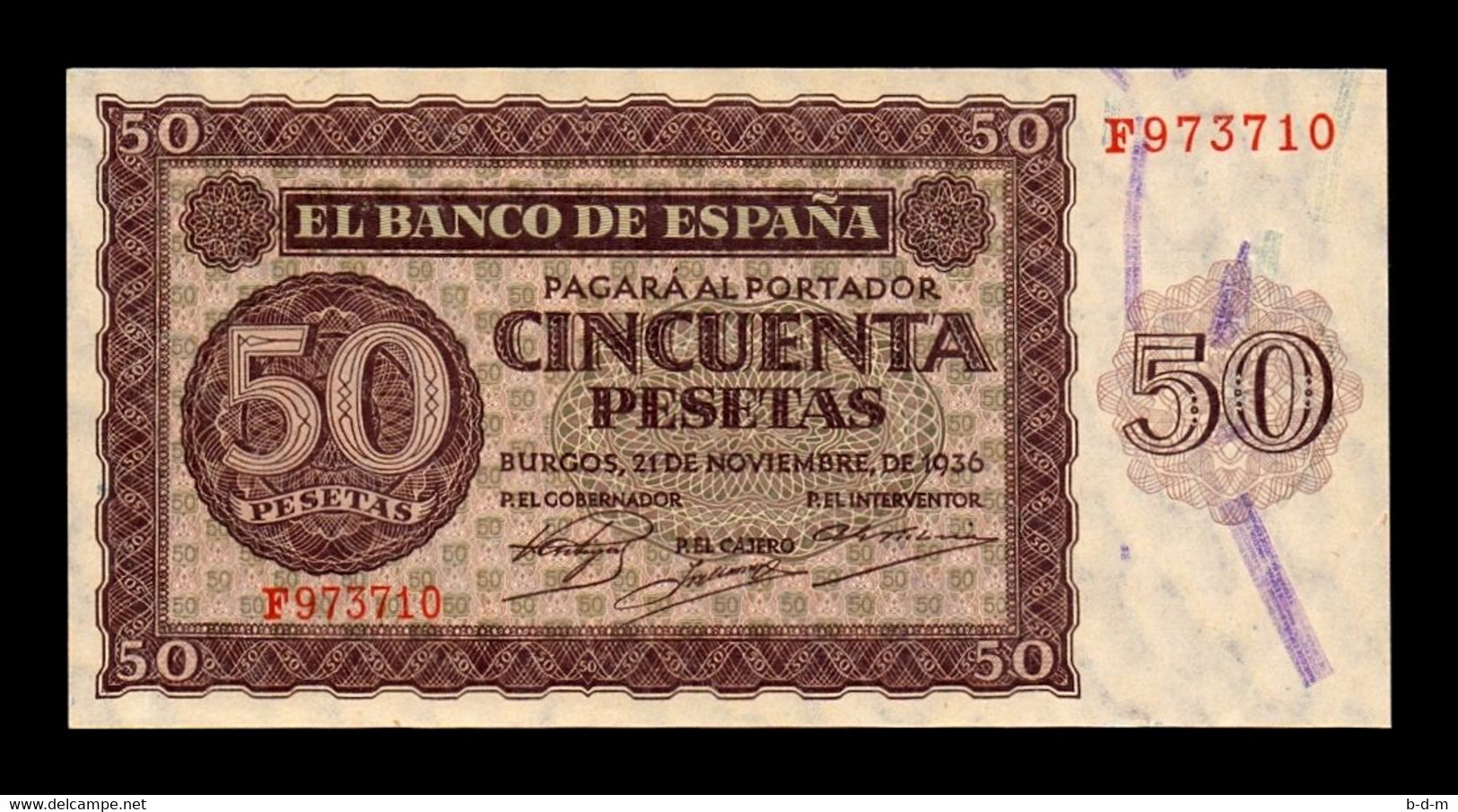 España Spain 50 Pesetas Burgos 1936 Pick 100 Serie F SC-/SC  AUNC/UNC - 50 Pesetas