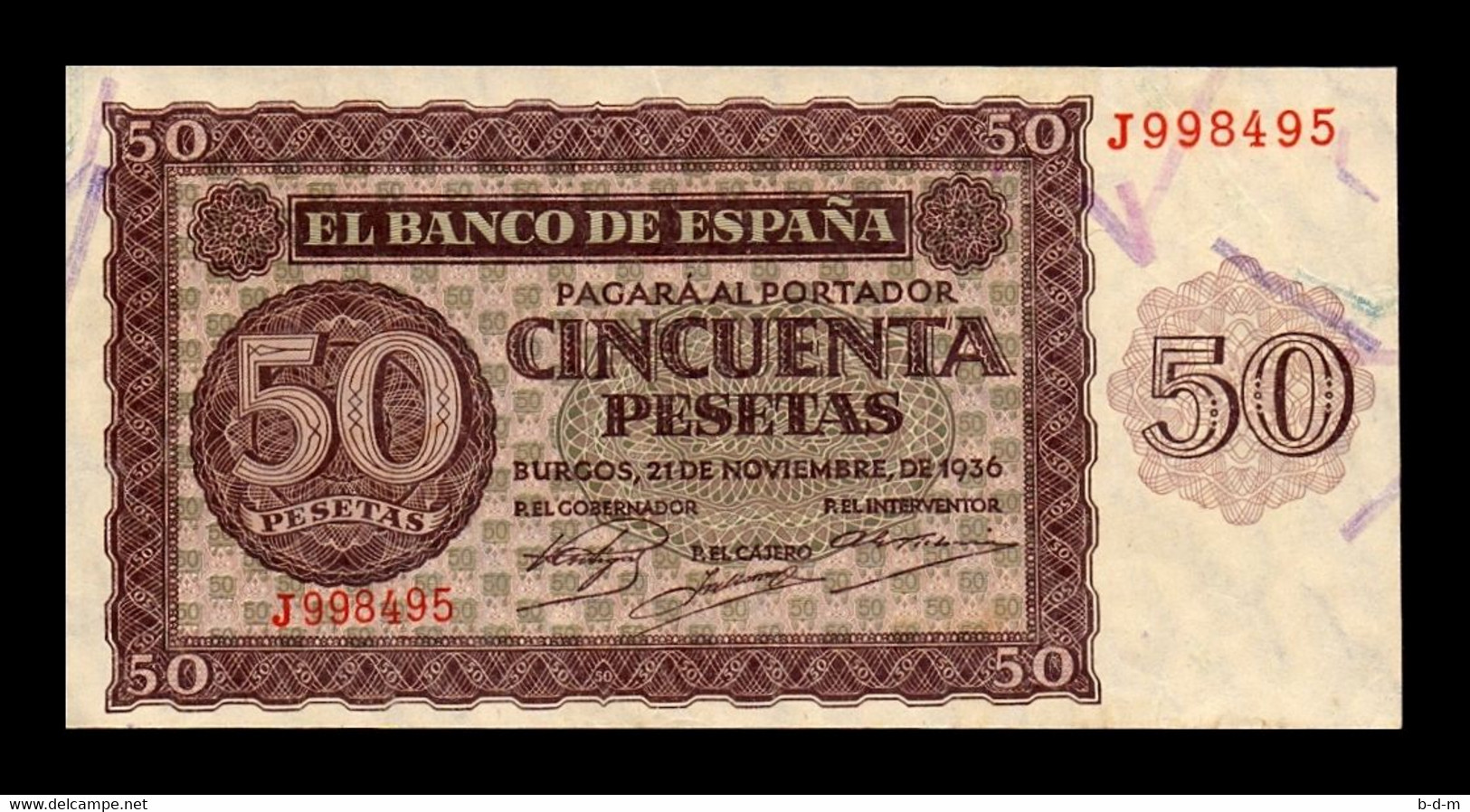 España Spain 50 Pesetas Burgos 1936 Pick 100 Serie J EBC/+ XF/+ - 50 Peseten