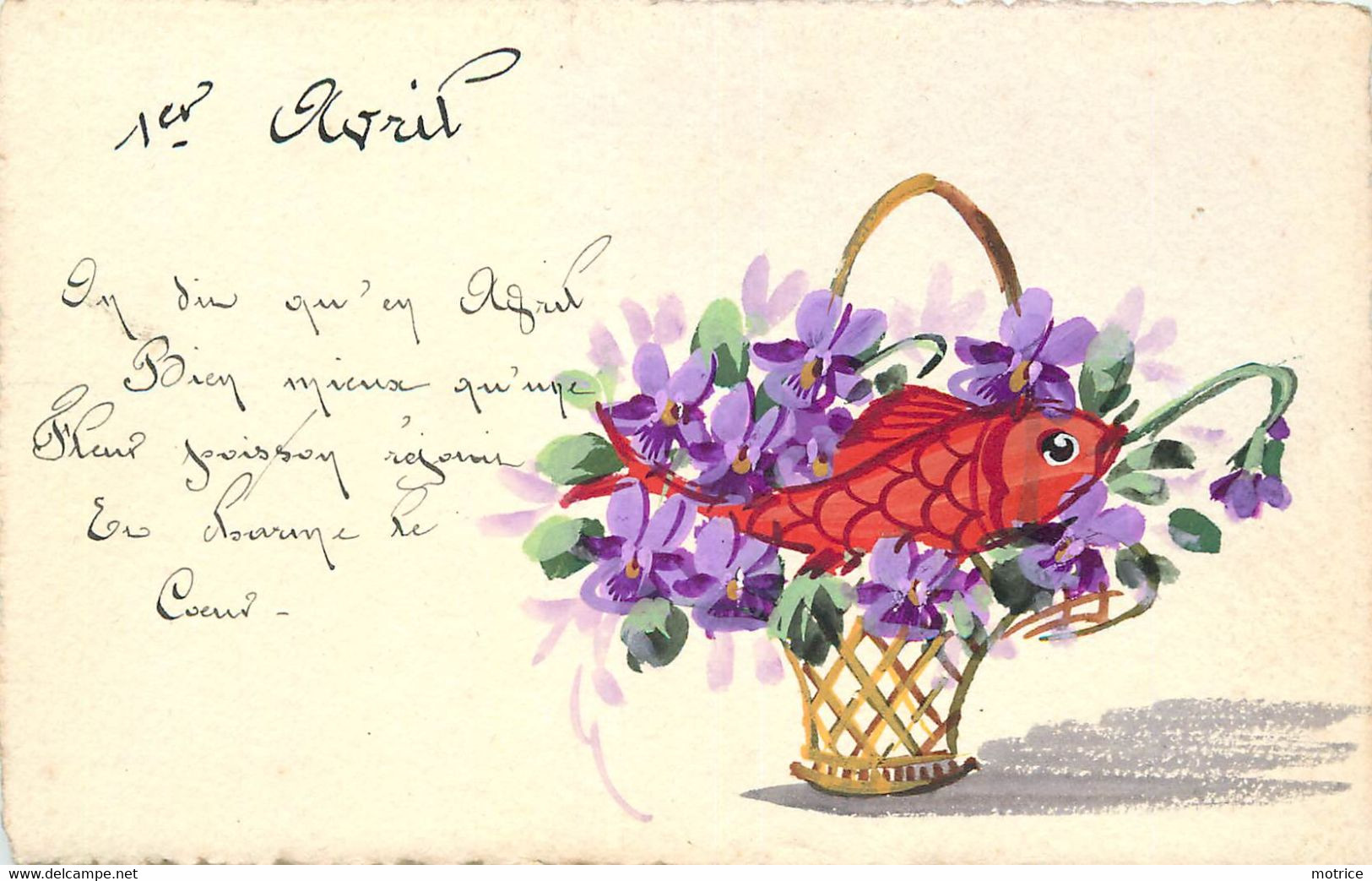 1er AVRIL - Panier De Violettes Et Poisson, Carte Peinte à La Main. - 1er Avril - Poisson D'avril