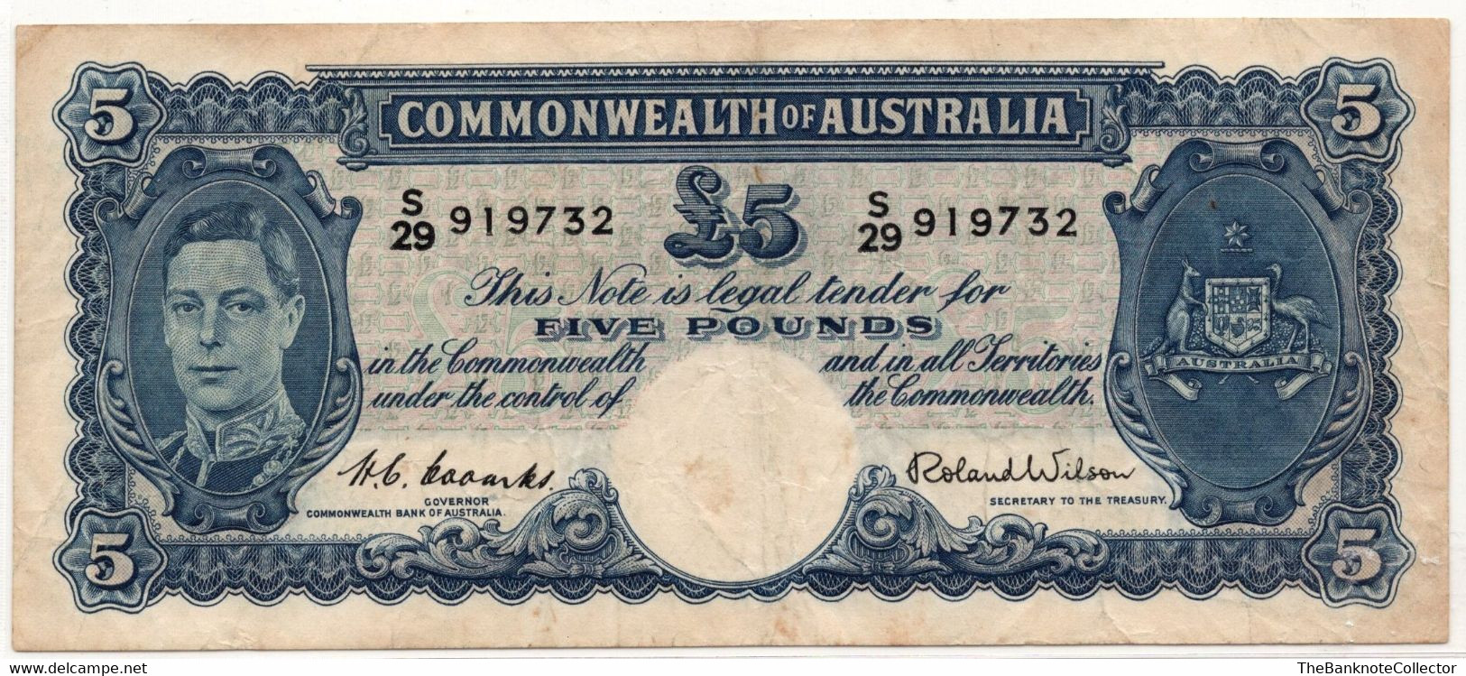 AUSTRALIA 5 POUNDS  P-27 KGVI  Bescome & Wilson Sign VF - 1953-60