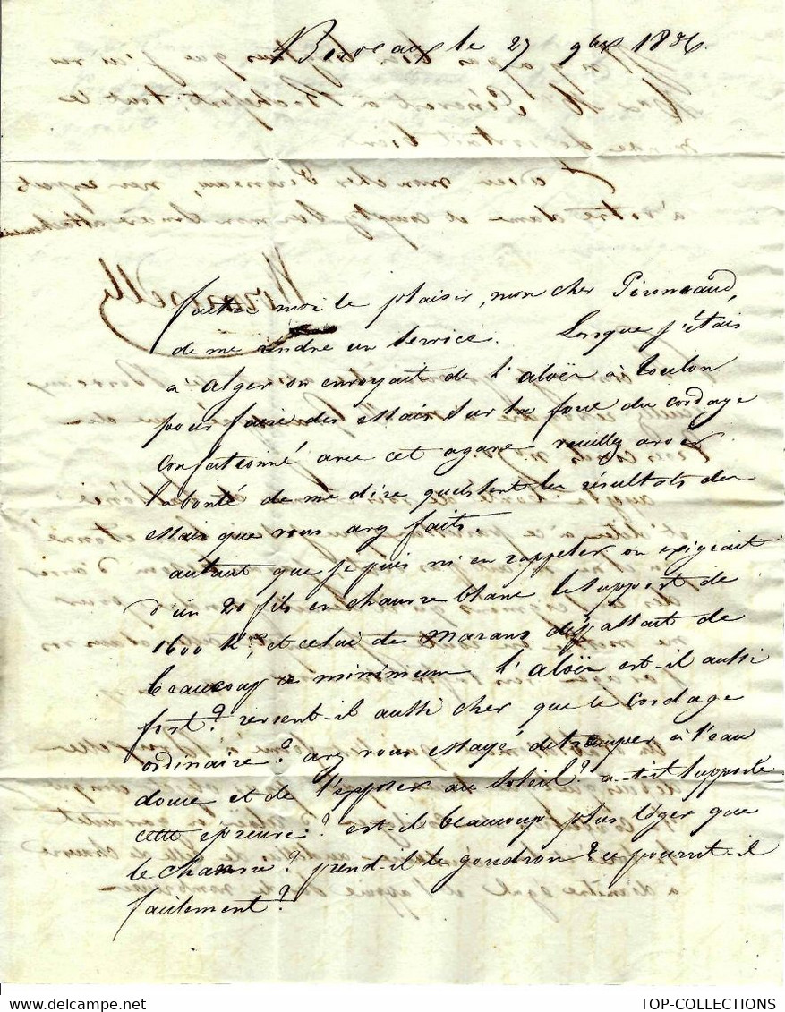 MARINE CONSTRUCTION 1836 LETTRE  Wormeselle De Bordeaux Pour Pironneau Ingénieur De Marine à Toulon CORDAGES - Historische Documenten