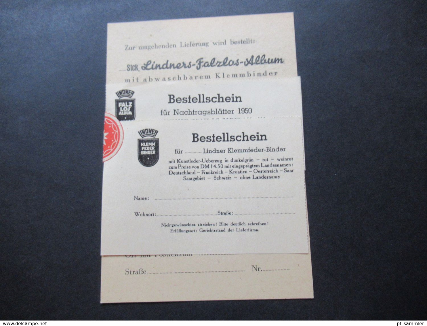 Bestellschein 1950 Lindner Falzlos Album / Nachtragsblätter Gedruckte Werbe PK Versandstelle P. Grimm Heigenbrücken - Pubblicitari