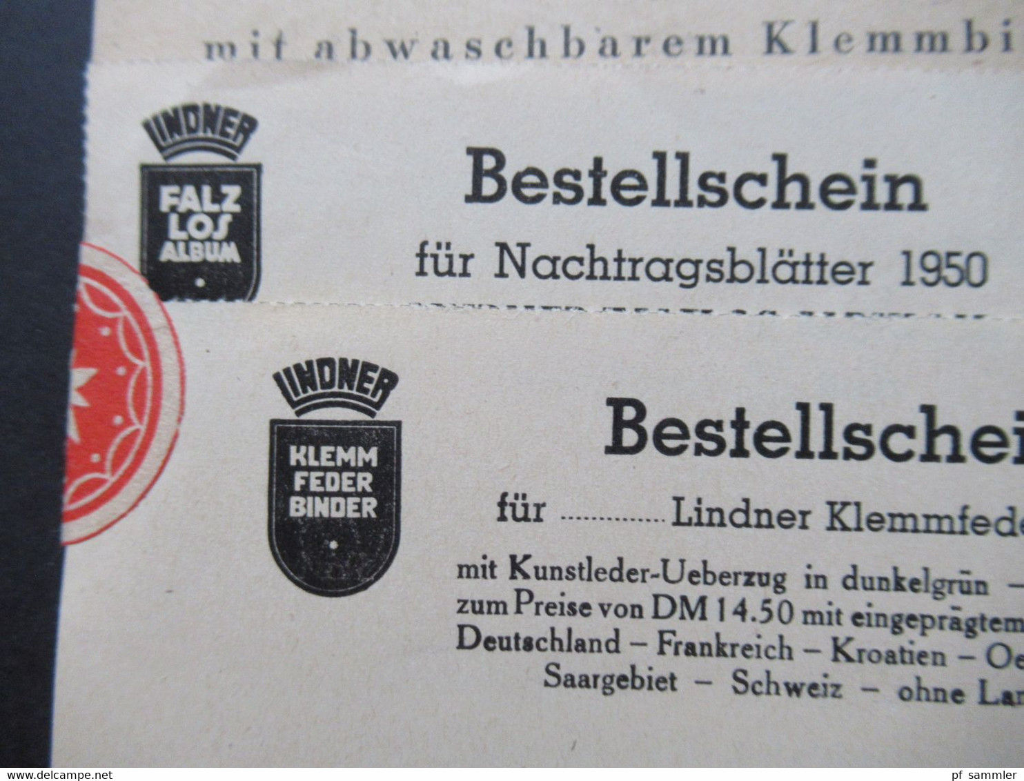 Bestellschein 1950 Lindner Falzlos Album / Nachtragsblätter Gedruckte Werbe PK Versandstelle P. Grimm Heigenbrücken - Publicidad