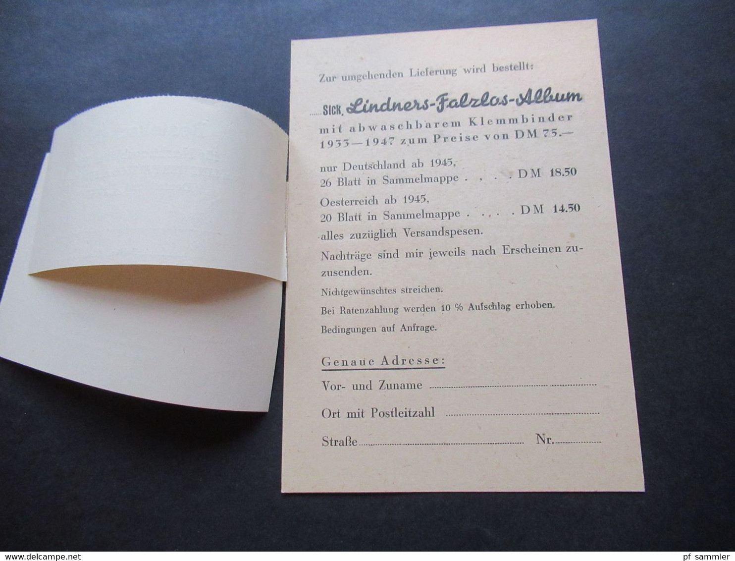 Bestellschein 1950 Lindner Falzlos Album / Nachtragsblätter Gedruckte Werbe PK Versandstelle P. Grimm Heigenbrücken - Pubblicitari