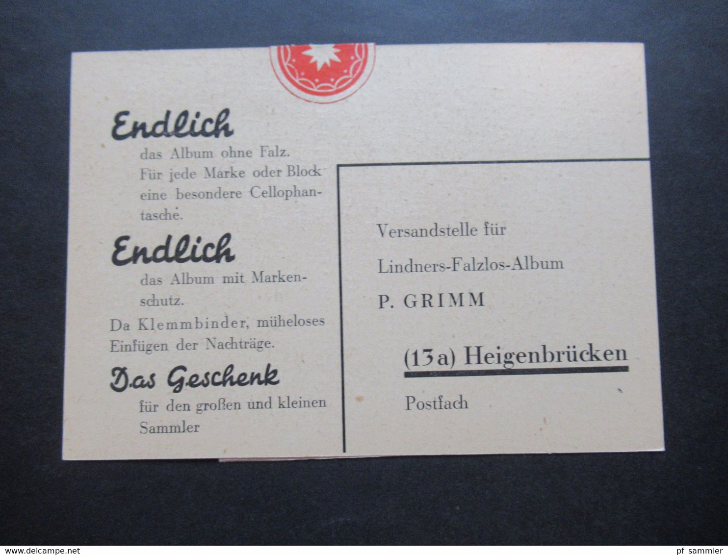 Bestellschein 1950 Lindner Falzlos Album / Nachtragsblätter Gedruckte Werbe PK Versandstelle P. Grimm Heigenbrücken - Publicités