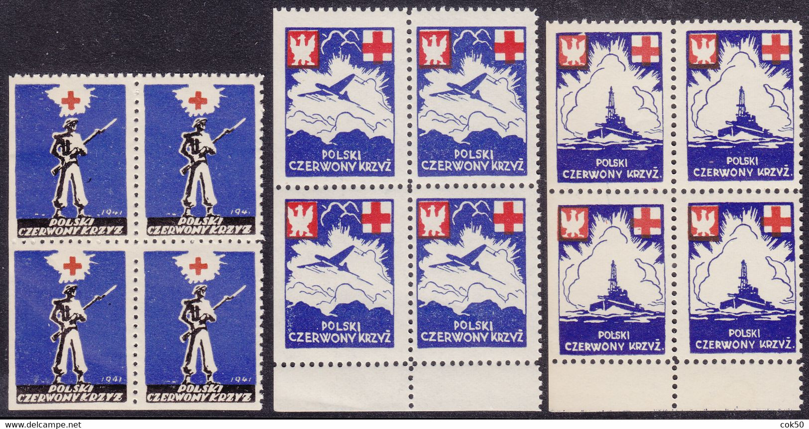 POLAND 1941 - Exile Governm. In London/Red Cross, MNH Lower LEFT Corner Bl.of 4, Two Stamps Perf. 3 Sides - Study Scan ! - Government In Exile In London