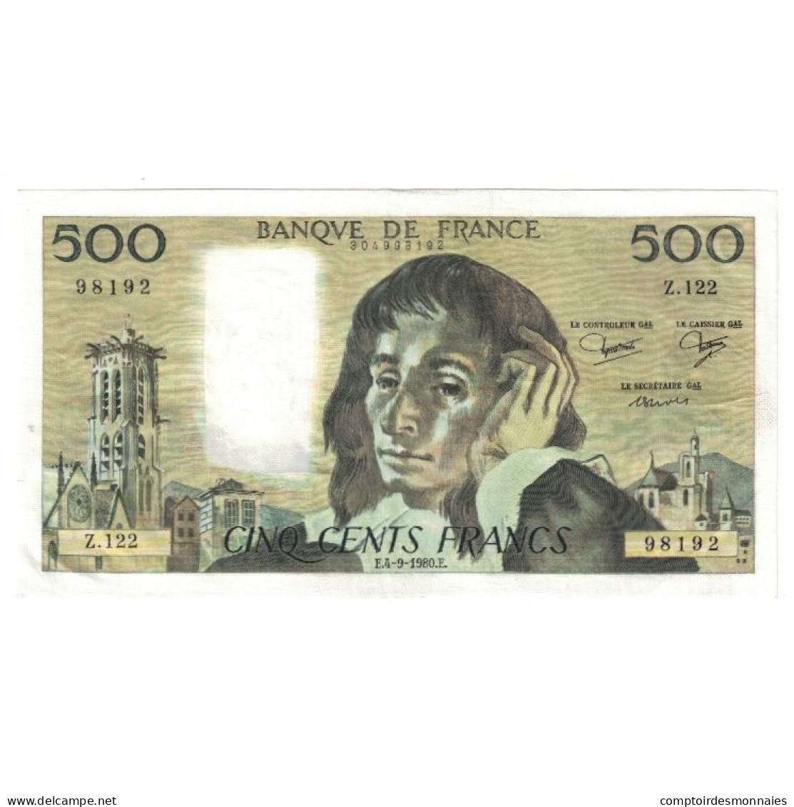 France, 500 Francs, Pascal, 1980, Z.122 98192, SUP, Fayette:71.22, KM:156e - 500 F 1968-1993 ''Pascal''