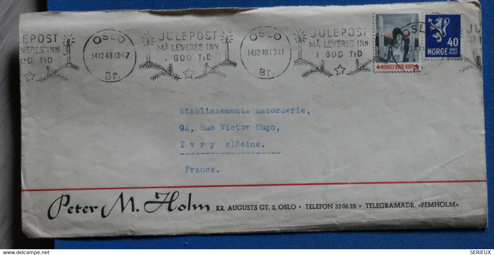 AR6 NORGE BELLE LETTRE  1949 OSLO POUR YVRY PARIS  FRANCE+ CROIX ROUGE  + AFFRANCH. PLAISANT - Cartas & Documentos