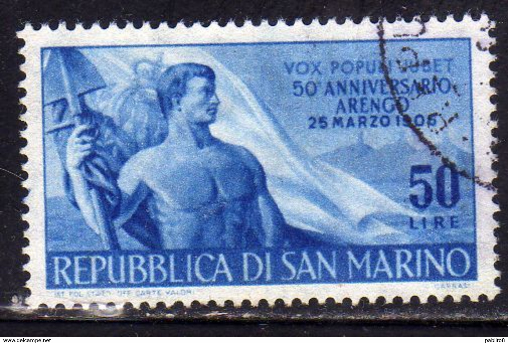 REPUBBLICA DI SAN MARINO 1956 CINQUANTENARIO DEL RIPRISTINO ARENGO LIRE 50 USATO USED OBLITERE' - Usati