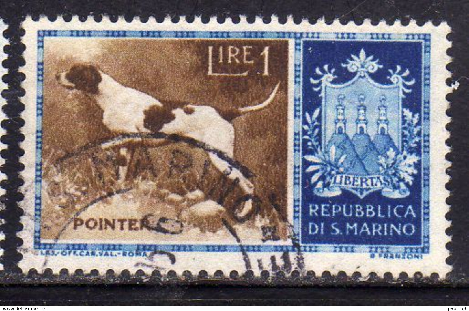 REPUBBLICA DI SAN MARINO 1956 CANI DOGS POINTER LIRE 1 USATO USED OBLITERE' - Usati
