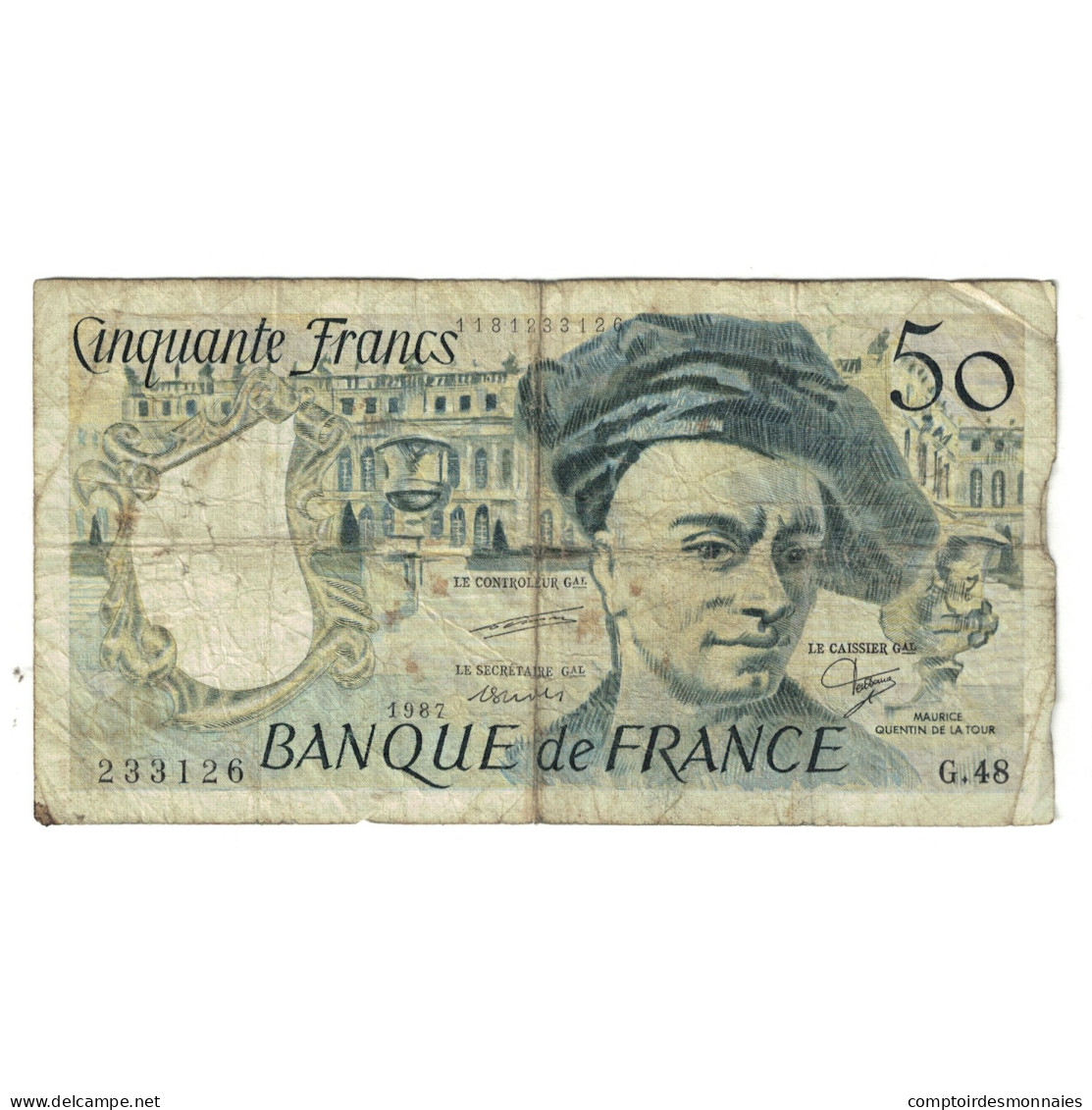 France, 50 Francs, Quentin De La Tour, 1987, G48, B+, Fayette:67.13, KM:152c - 50 F 1976-1992 ''Quentin De La Tour''