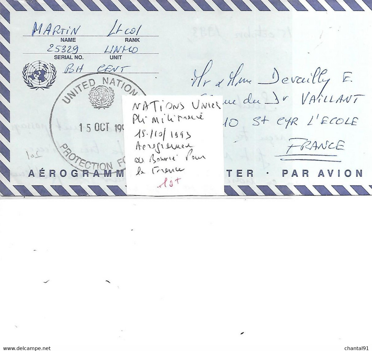 NATIONS UNIES PLI MILITAIRE 15/10/1993 AEROGRAMME DE BOSNIE POUR LA FRANCE - Covers & Documents