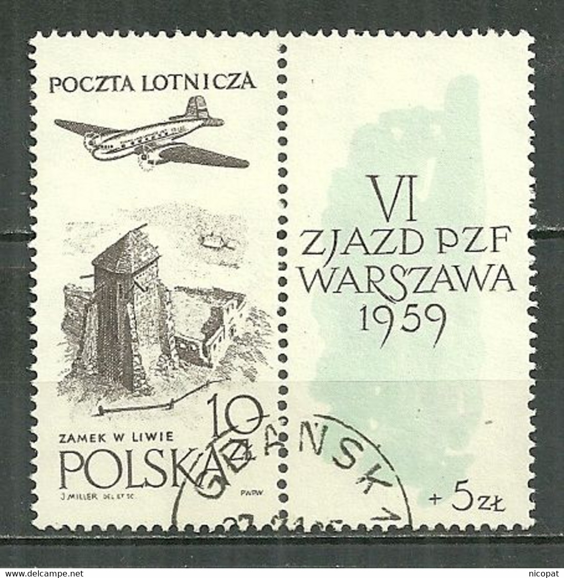 POLAND Oblitéré Poste Aérienne 52 Avec Vignette Anniversaire De La Philatélie Polonaise Avion Aviation - Used Stamps