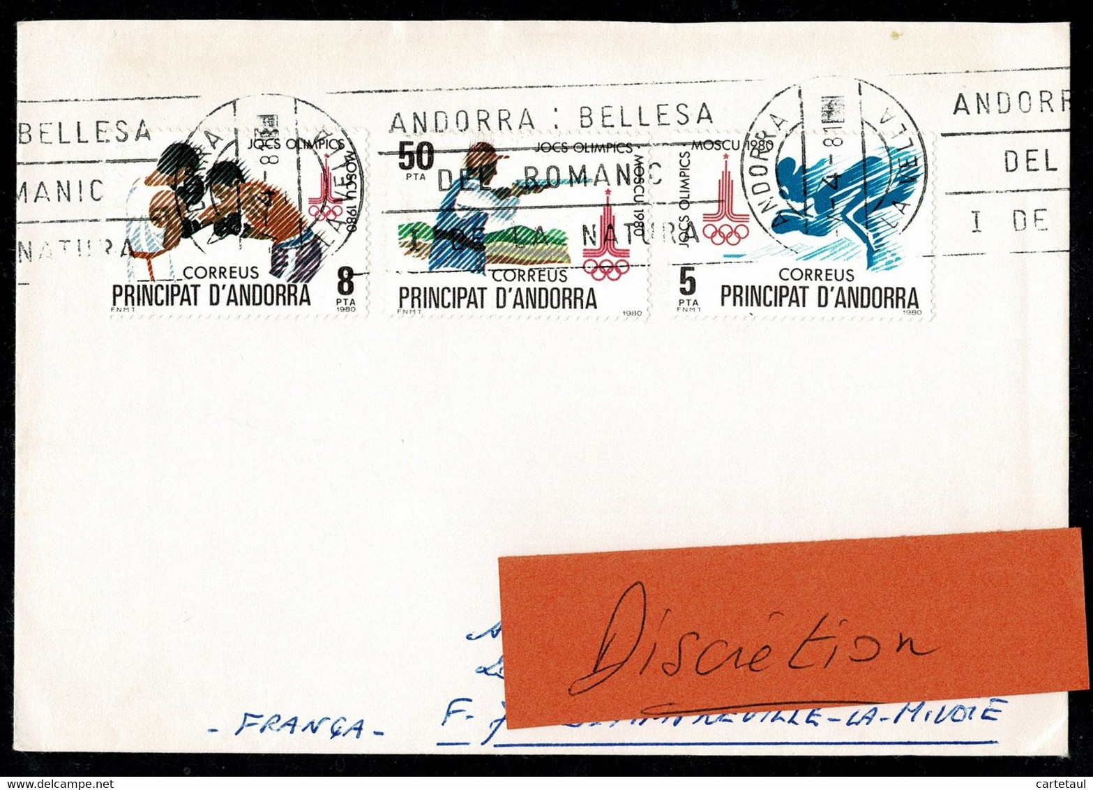 ANDORRE ANDORRA  Lettre Affr. Des 3 Valeurs JO Moscou 1980 Oblit. Mécanique Roulette ANDORRA BELLESA ROMANIC 7-4-81 - Otros & Sin Clasificación