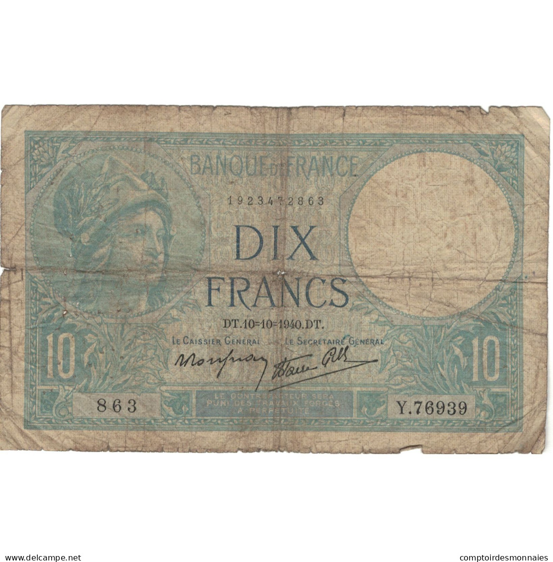 France, 10 Francs, Minerve, 1940, 863 Y.76939, B, Fayette:7.16, KM:84 - 10 F 1916-1942 ''Minerve''