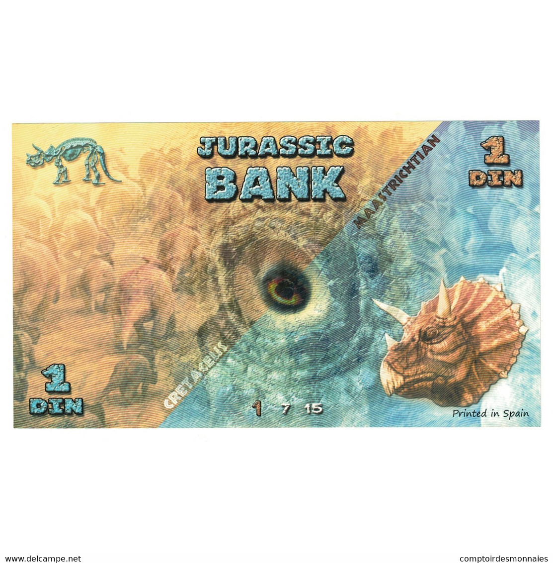 Billet, Espagne, Billet Touristique, 2015, JURASSIC BANK 1 DIN, NEUF - [ 7] Errors & Varieties