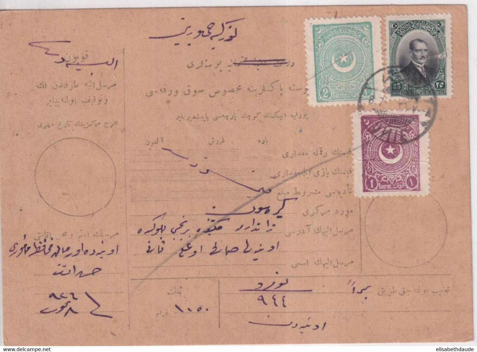 TURQUIE - ANNEES 1920  - CARTE COLIS-POSTAUX - ANNULATION Par COUPURE SUR LES TIMBRES + CACHET à DATE - Storia Postale