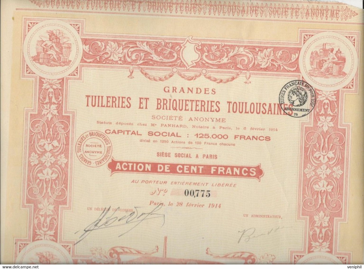 GRANDES TUILERIES ET BRIQUETERIES TOULOUSAINES-DIVISE EN 1250 ACTIONS ILLUSTREES  DE 100 FRS - ANNEE 1914 - Industrial