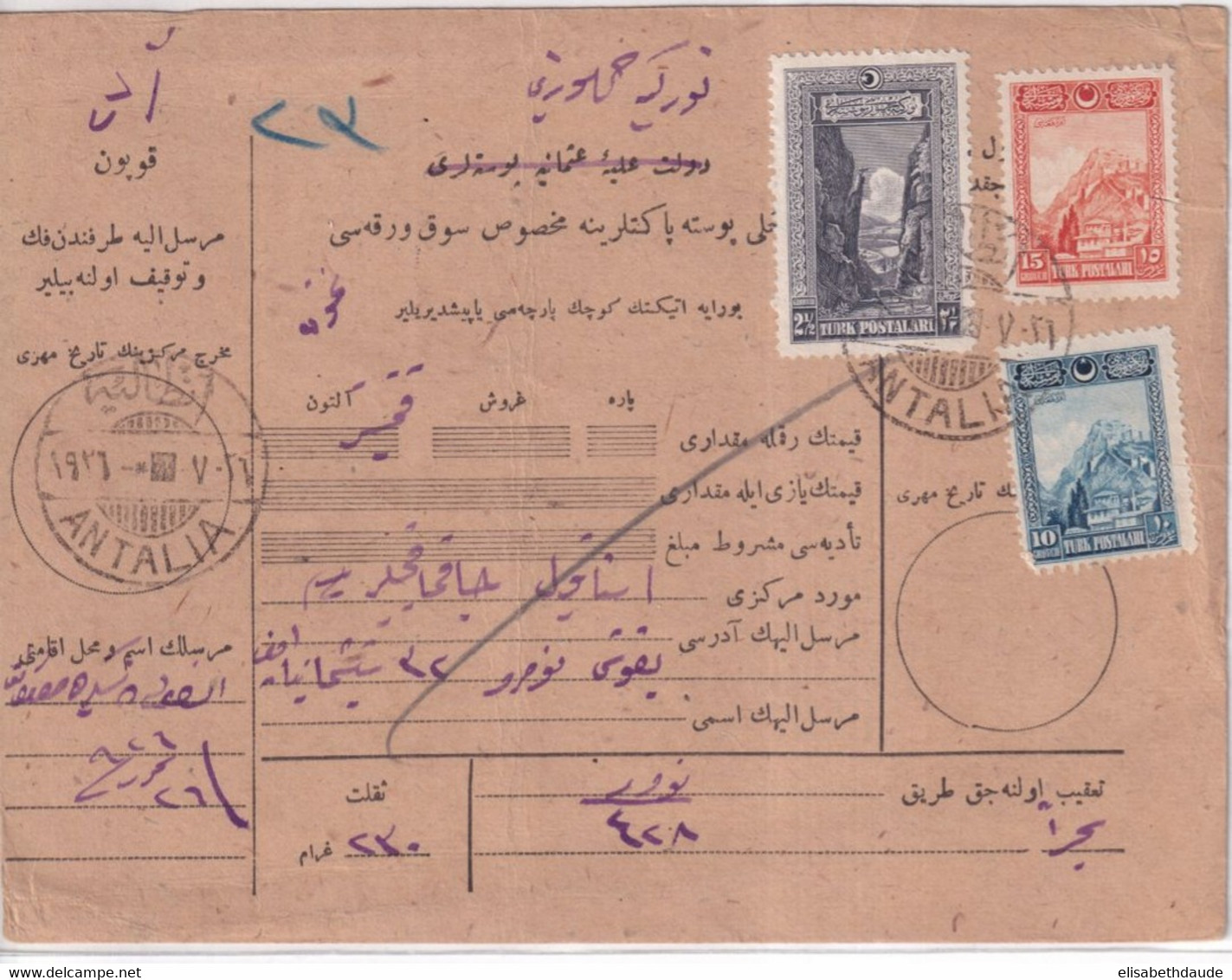 TURQUIE - ANNEES 1920/30  - CARTE COLIS-POSTAUX - ANNULATION Par COUPURE SUR LES TIMBRES + CACHET à DATE De ANTALIA - Briefe U. Dokumente