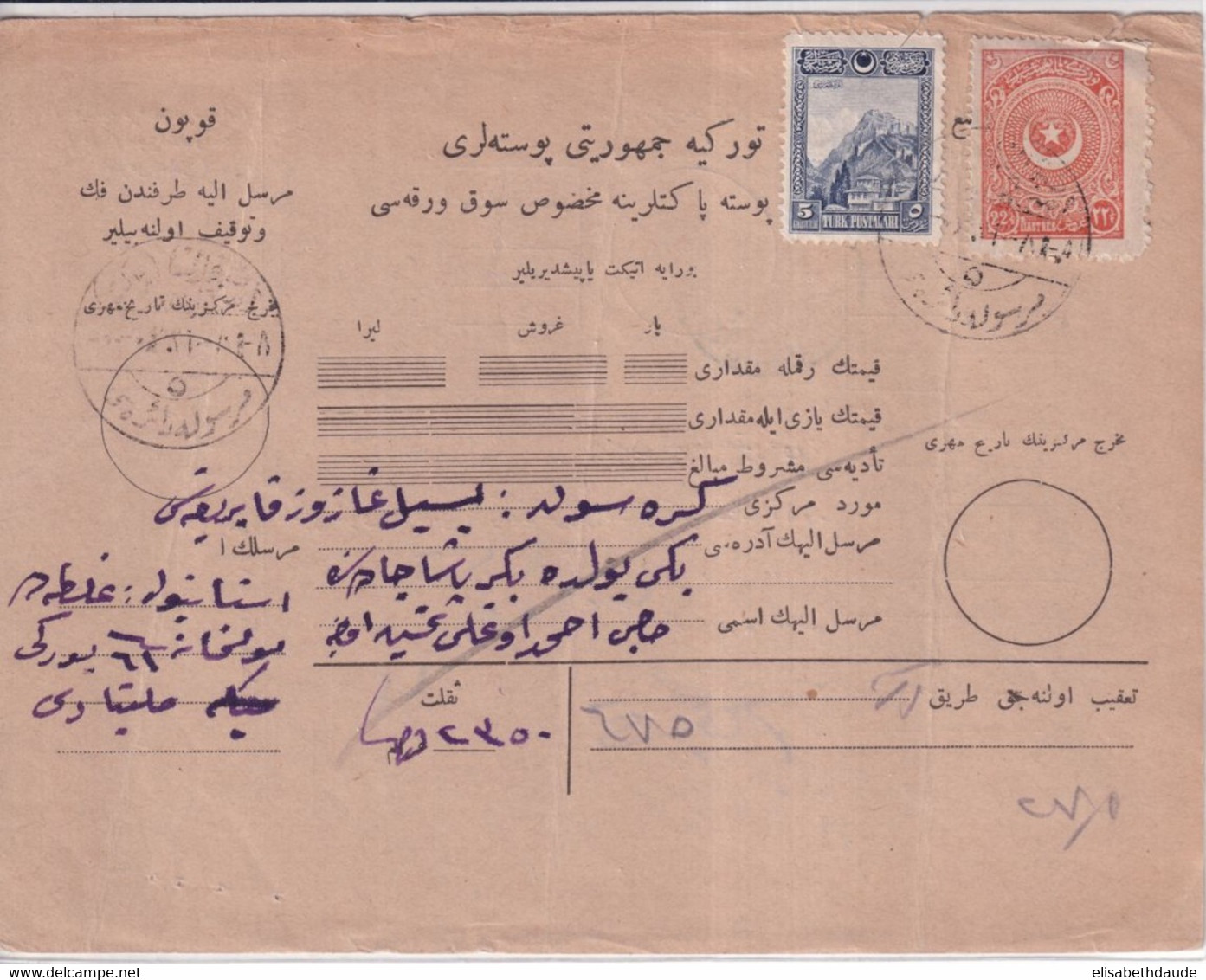 TURQUIE - ANNEES 1920/30  - CARTE COLIS-POSTAUX - ANNULATION Par COUPURE SUR LES TIMBRES + CACHET à DATE => KERASSOUN - Brieven En Documenten