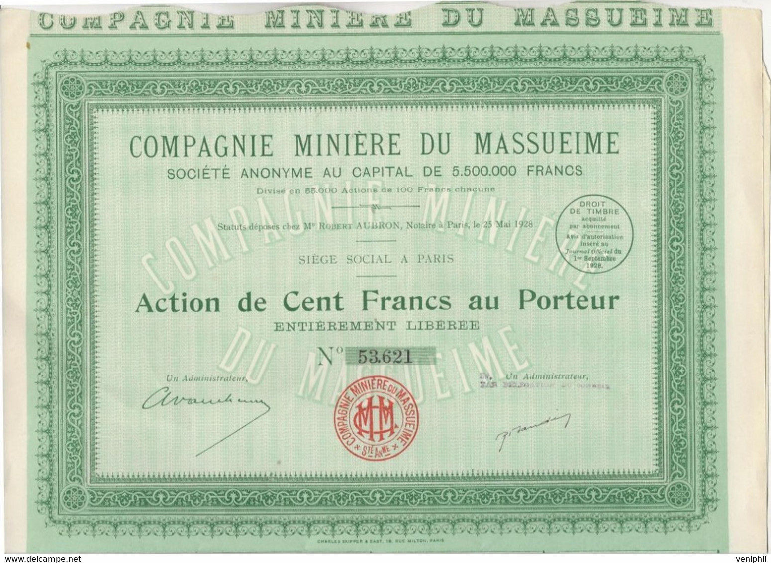COMPAGNIE MINIERE DU MASSUEIME - ACTION DE CENT FRANCS -ANNEE 1928 - Mijnen