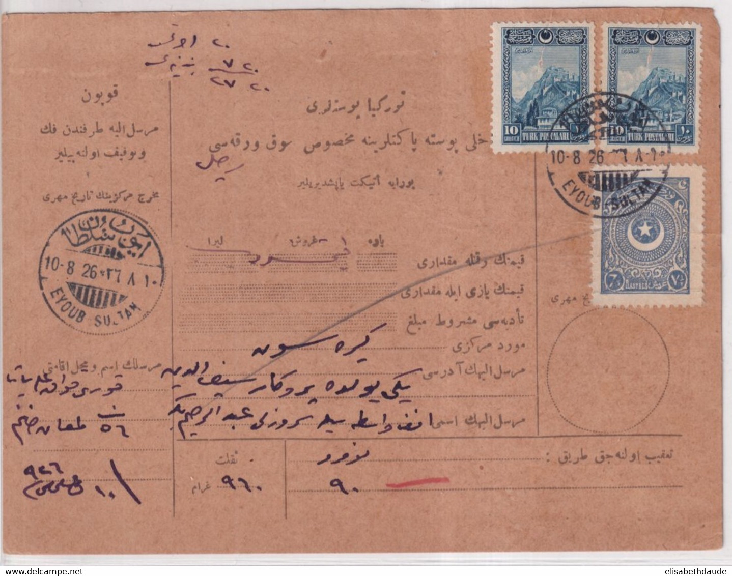 TURQUIE - 1926  - CARTE COLIS-POSTAUX - ANNULATION Par COUPURE SUR LES TIMBRES + CACHET à DATE De EYOUB SULTAN - Covers & Documents