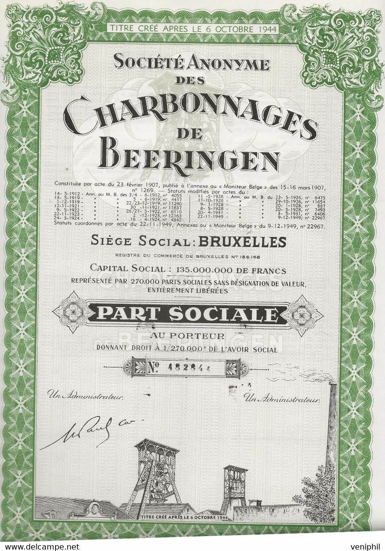 SOCIETE DES CHARBONNAGES DE BEERINGEN -BELGIQUE -PART SOCIALE - ANNEE 1944 - Mineral