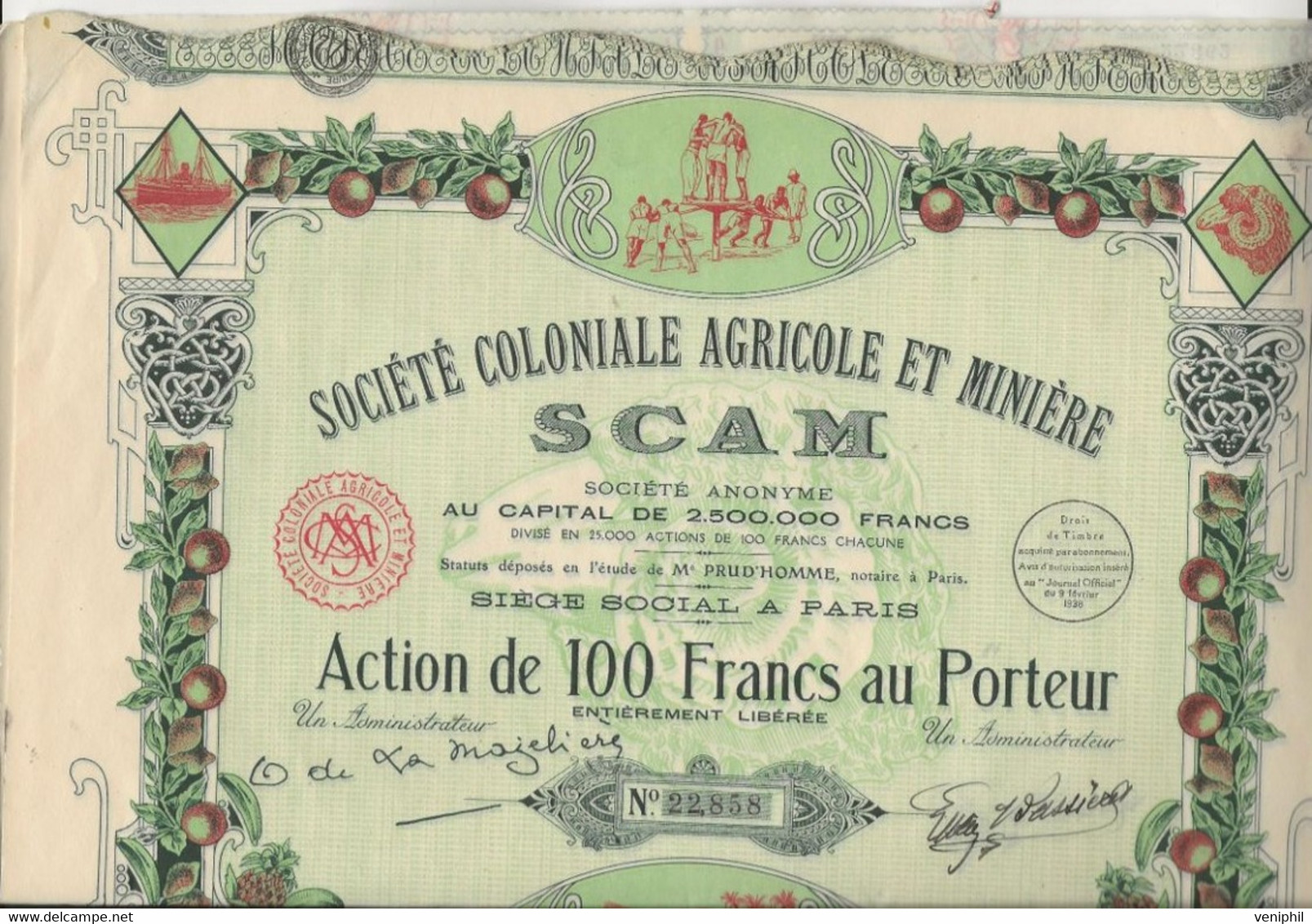 LOT DE 5 ACTIONS DE 100 FRS -SOCIETE COLONIALE AGRICOLE ET MINIERE -SCAM-  ANNEE 1938 - Mineral
