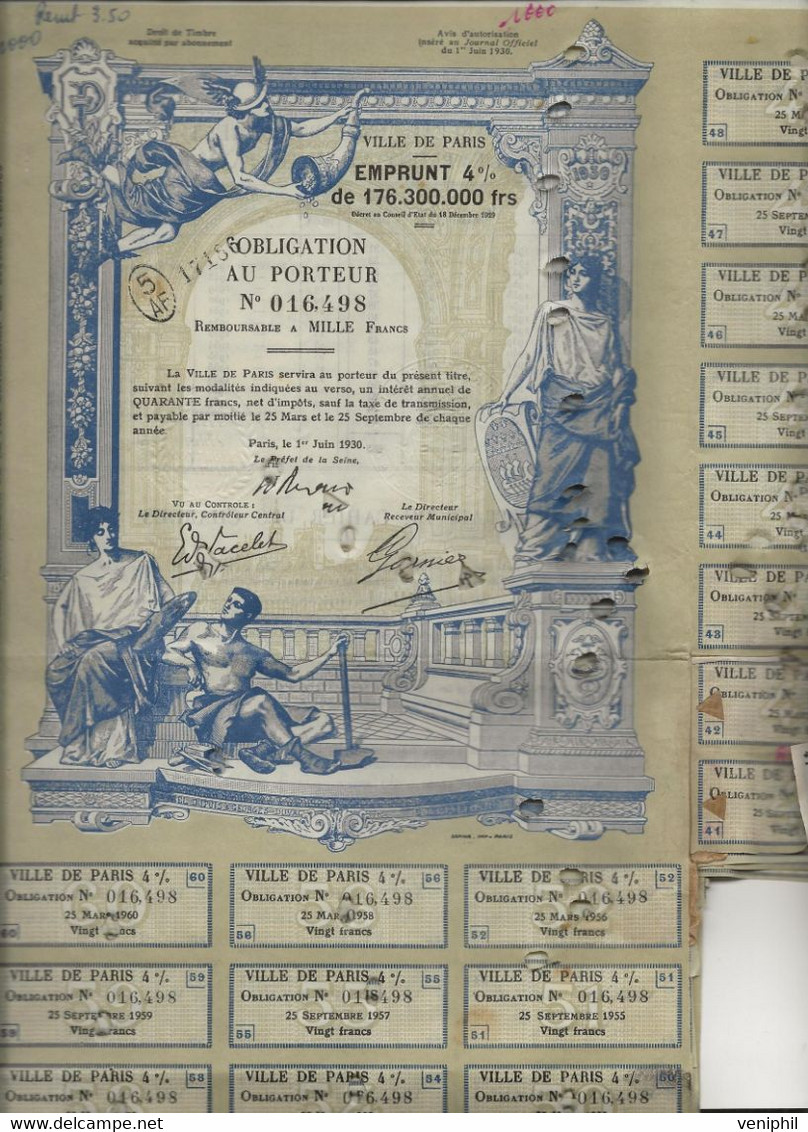 LOT DE 5 EMPRUNTS 4 % VILLE DE PARIS - OBLIGATION ILLUSTREE 1000 FRS -ANNEE 1930 - Banque & Assurance