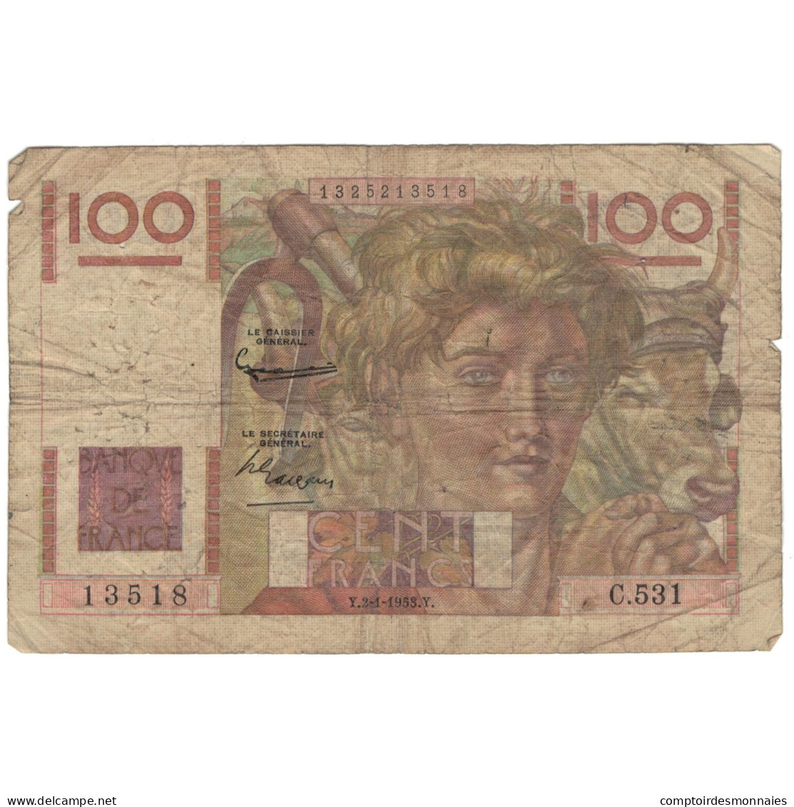 France, 100 Francs, Jeune Paysan, 1953, 13518 C.531, B, Fayette:28.35, KM:128e - 100 F 1945-1954 ''Jeune Paysan''