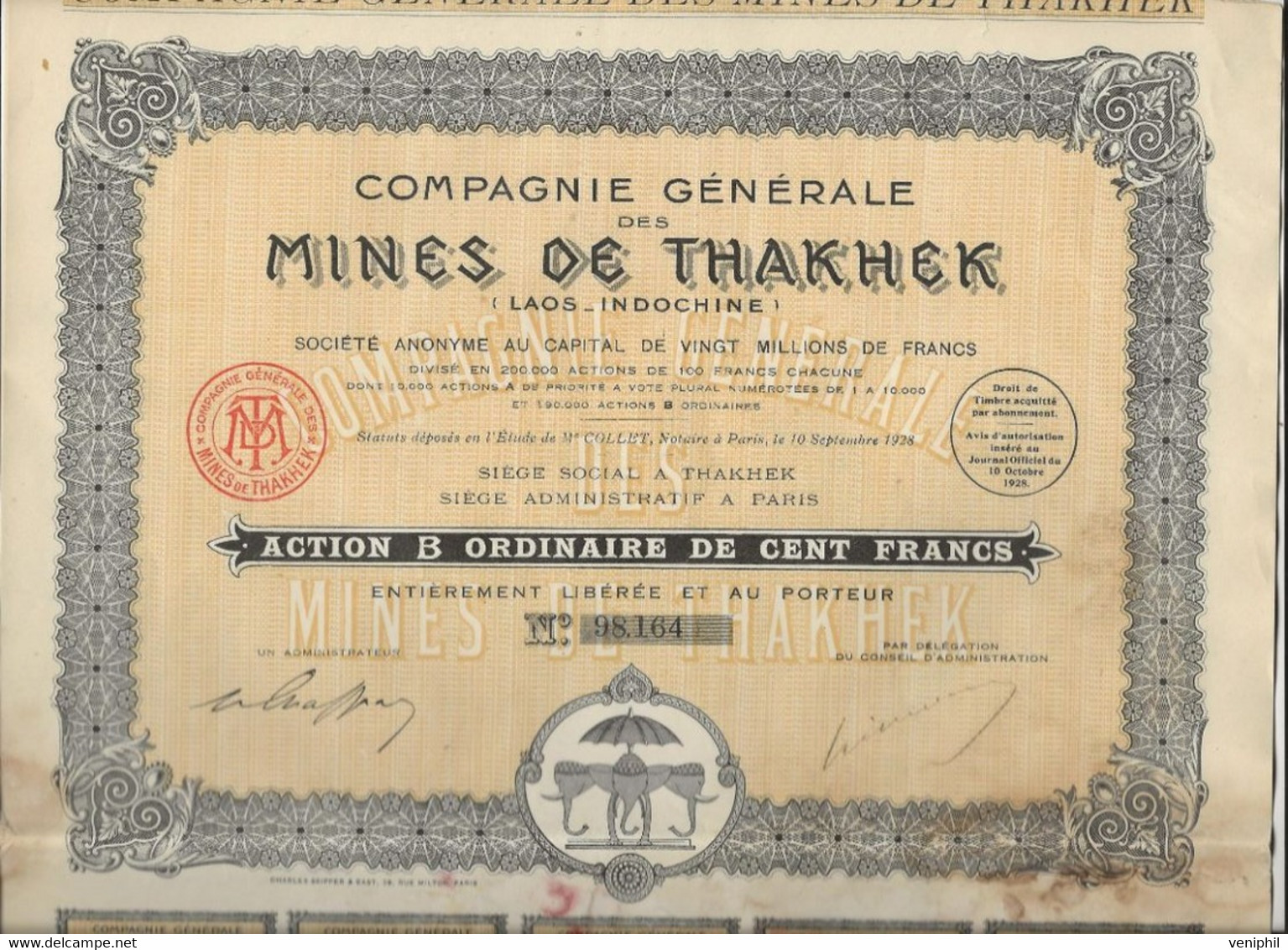 COMPAGNIE GENERALE DES MINES DE THAKHER -LAOS-INDOCHINE -LOT 4 ACTIONS B DE 100 FRS 1928 - Bergbau