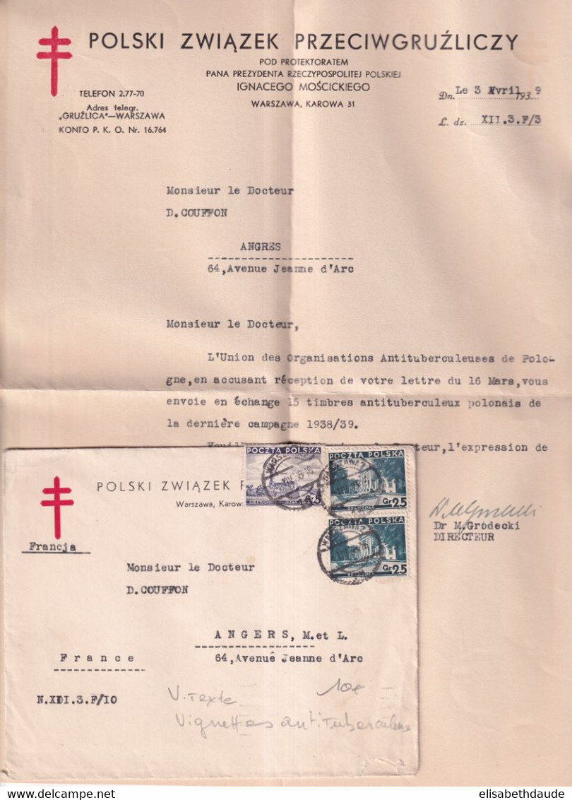 POLOGNE - 1938 - LETTRE ANTITUBERCULOSE De VARSOVIE => ANGERS - ECHANGE De VIGNETTES ! - Covers & Documents