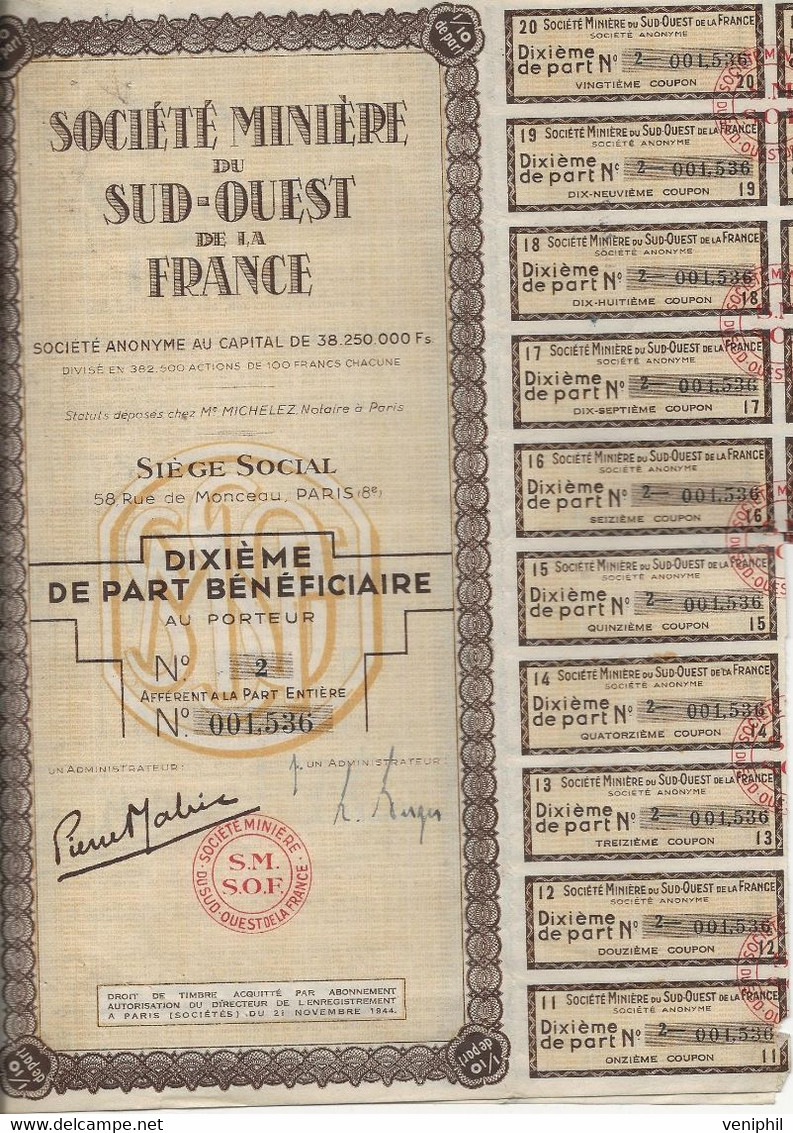 SOCIETE MINIERE DU SUD - OUEST DE LA FRANCE-LOT DE 3DIXIEMES DE PARTS -1944 - Bergbau