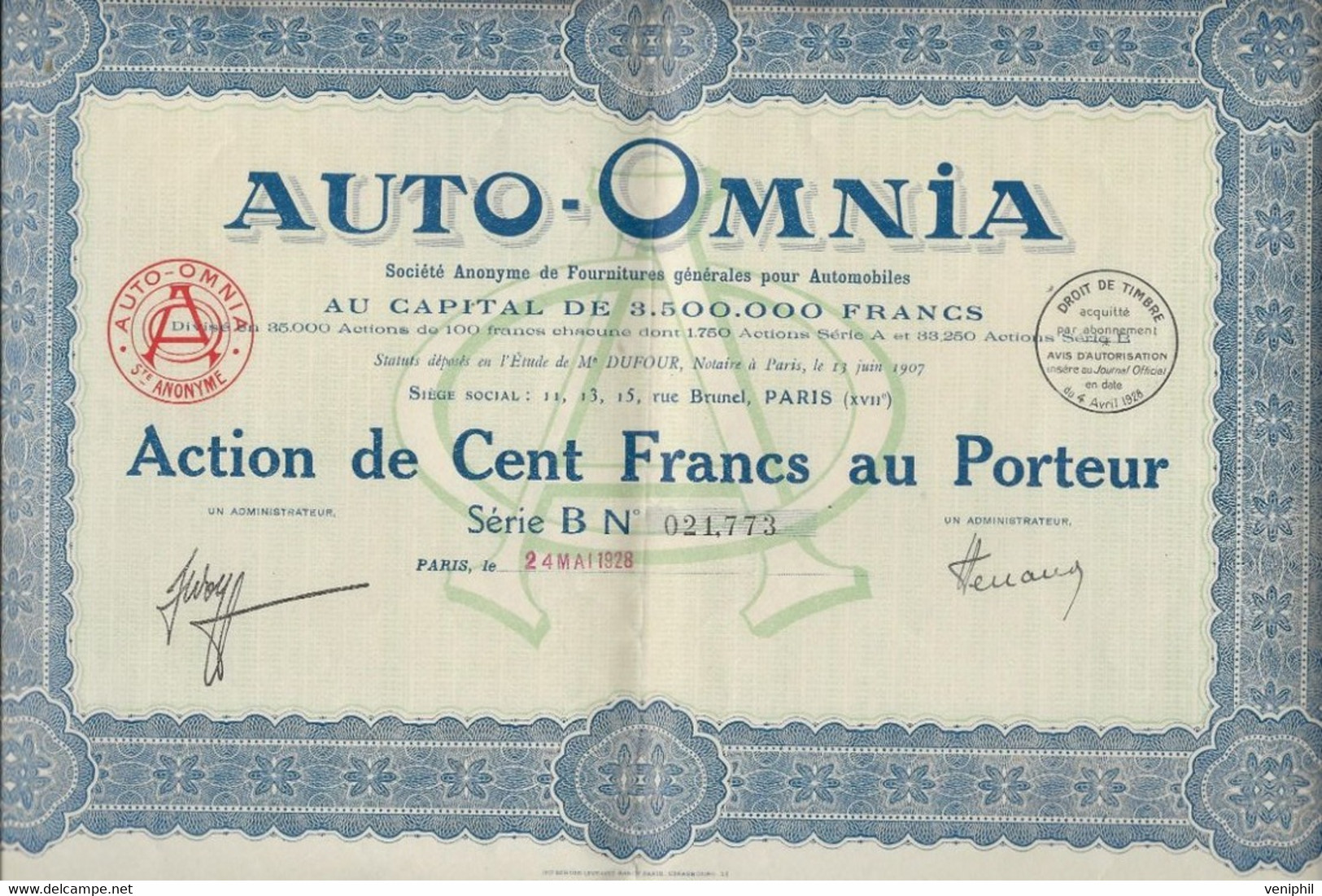 AUTO-OMNIA - ACTION DE 100  FRS -ANNEE 1928 - Automovilismo