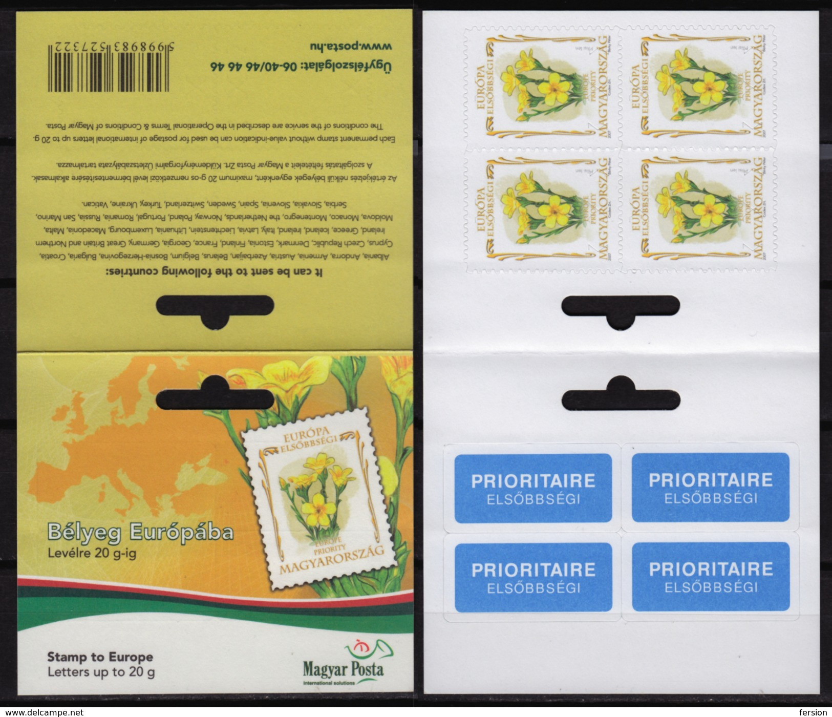 HUNGARY 2007 Self Adhesive Booklet - Priority Express To EUROPE - Flower Linum Dolomiticum / MNH - Libretti