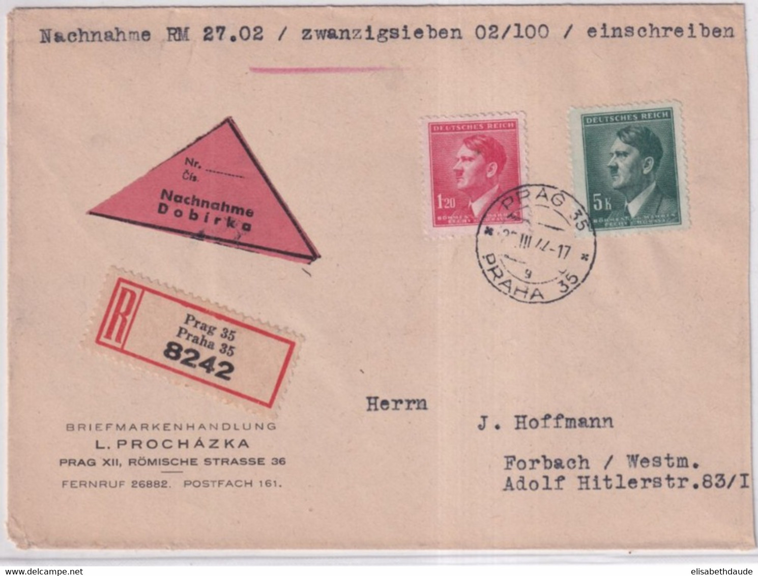 BÖHMEN Und MÄHREN - 1944 - ENVELOPPE RECOMMANDEE REMBOURSEMENT De PRAGUE => FORBACH (MOSELLE) - Cartas & Documentos