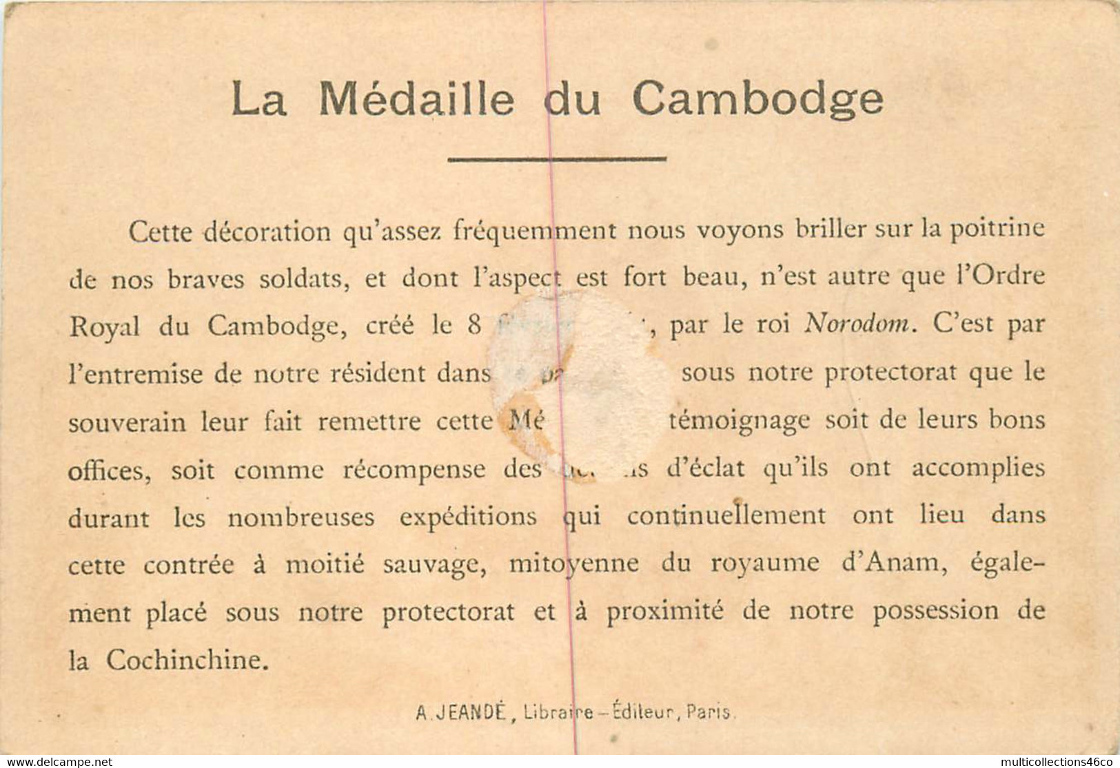 170222 - CHROMO LITH VIEILLEMARD PARIS A JEANDE Libraire éditeur - MEDAILLE DU CAMBODGE ASIE Bataille Militaire - Sonstige & Ohne Zuordnung