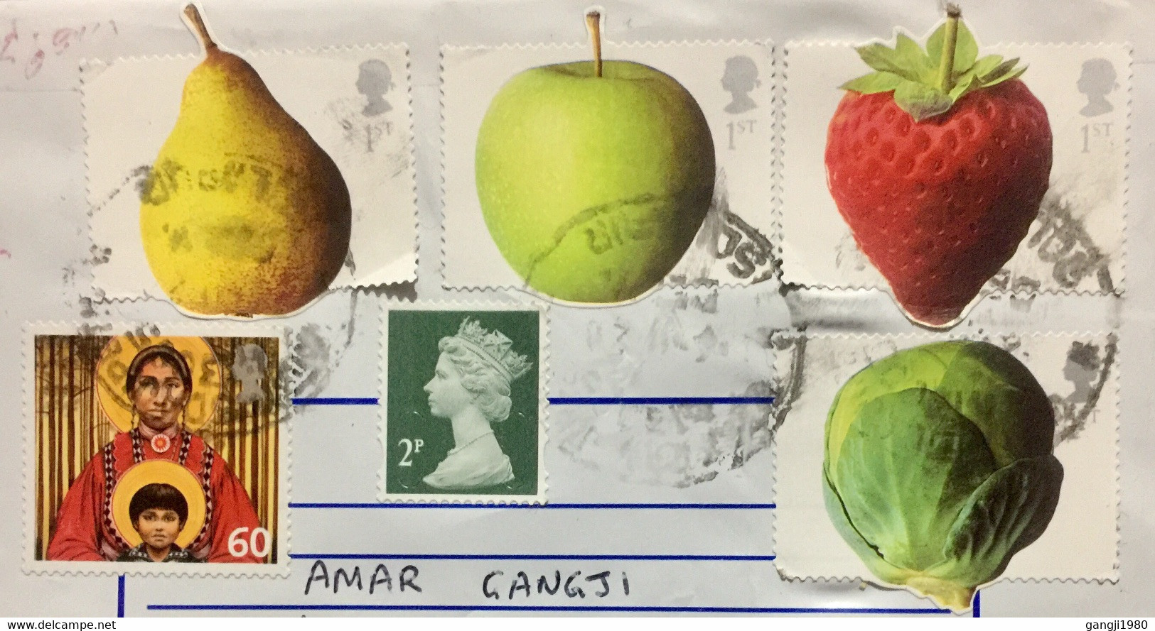 GREAT BRITAIN 2020, CORONA PERIOUD ! FRUIT SHAPED 4 STAMPS!! QUEEN,MOTHER & CHILD TOTAL 6 STAMPS USED COVER TO INDIA - Covers & Documents