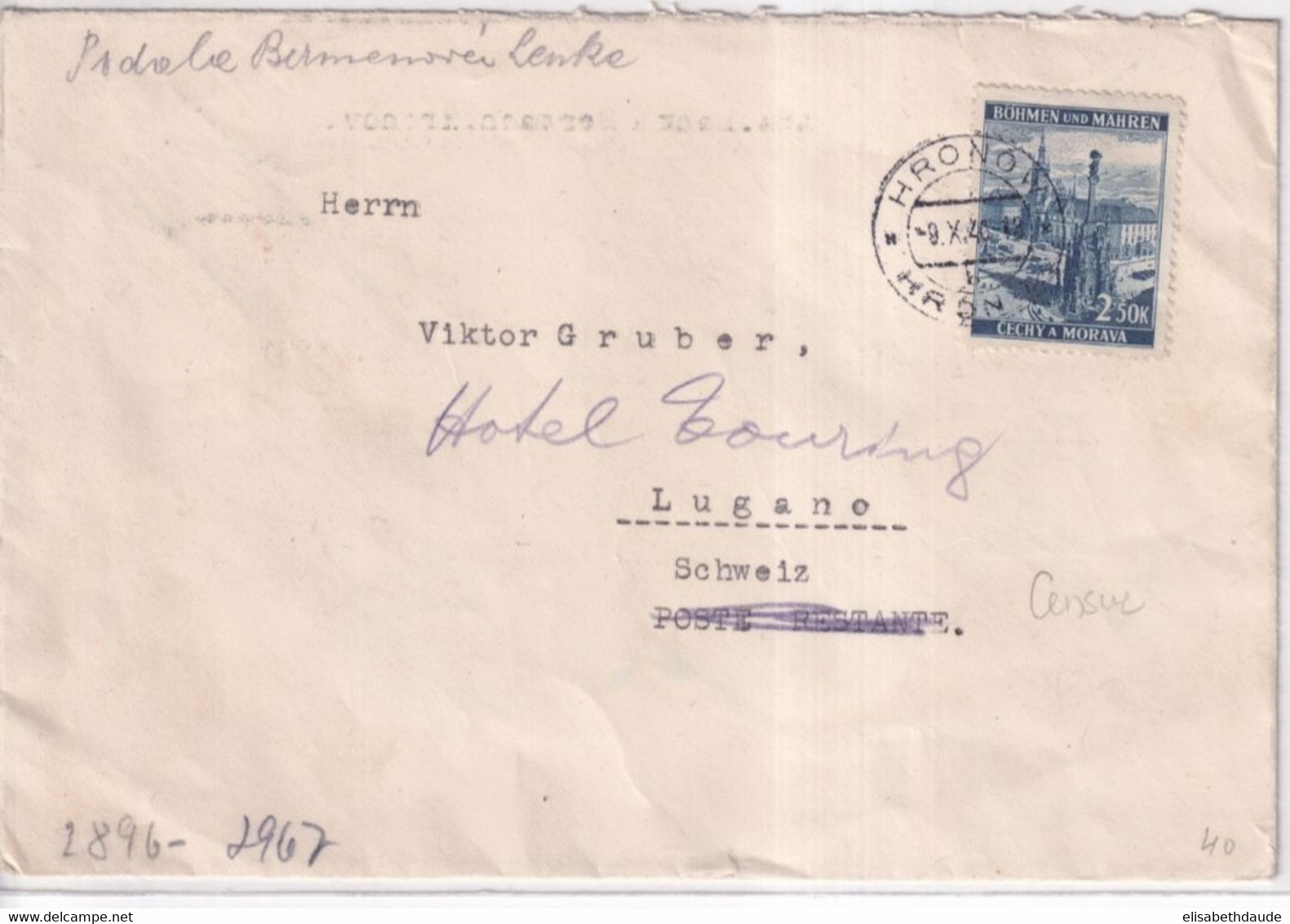 BÖHMEN Und MÄHREN - 1940 - ENVELOPPE De HRONOV ! Avec CENSURE AU DOS => LUGANO POSTE RESTANTE SUISSE ! - Cartas & Documentos