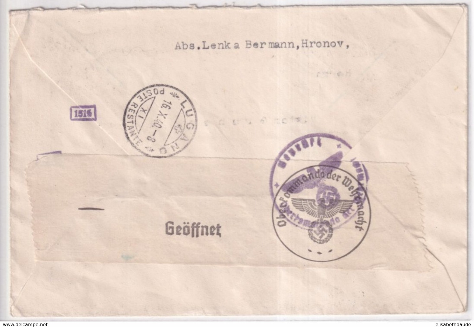 BÖHMEN Und MÄHREN - 1940 - ENVELOPPE De HRONOV ! Avec CENSURE AU DOS => LUGANO POSTE RESTANTE SUISSE ! - Covers & Documents