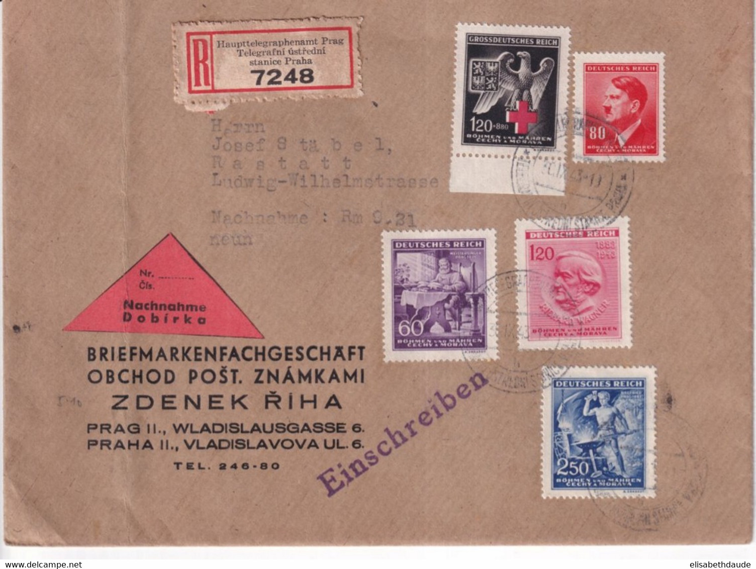 BÖHMEN Und MÄHREN - 1942 - ENV. RECOMMANDEE (TELEGRAPHE !!) REMBOURSEMENT De PRAGUE => RASTATT - Briefe U. Dokumente