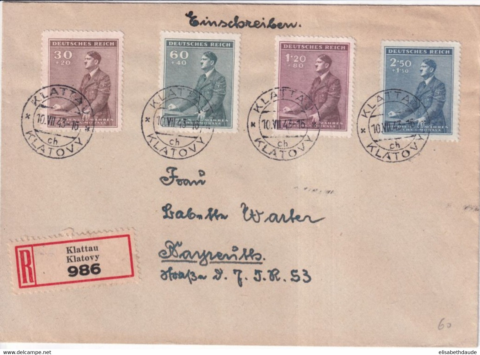 BÖHMEN Und MÄHREN - 1943 - ENVELOPPE RECOMMANDEE De KLATOVY => BAYREUTH - Briefe U. Dokumente