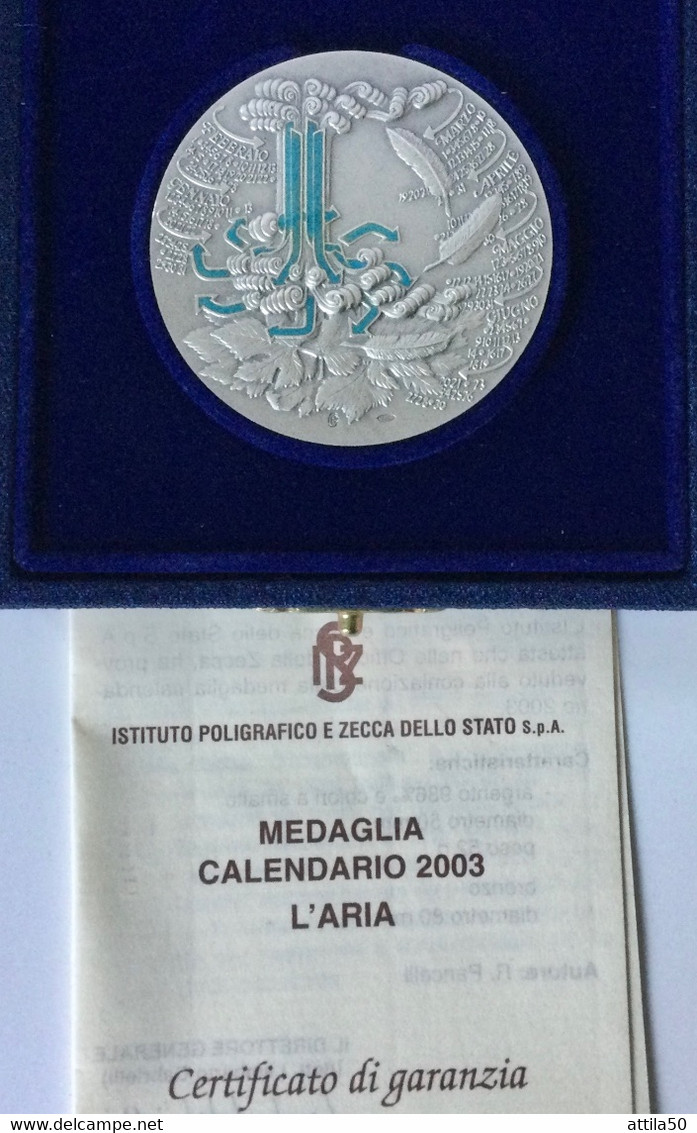IPZS - Istituto Poligrafico Dello Stato- Medaglia Calendario 2003 In Argento  E Smalto Gr.52 Diametro 50 Mm. :  L’Aria. - Notgeld