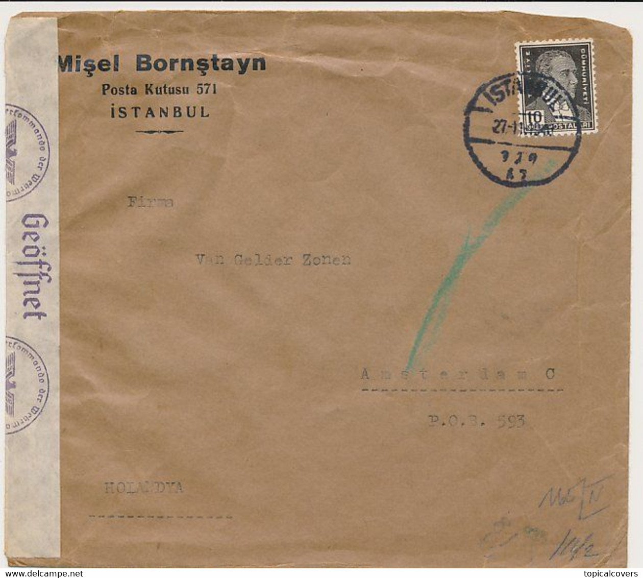 Censored Cover Istanbul Turkey - Amsterdam The Netherlands 1940 - WWII - Storia Postale